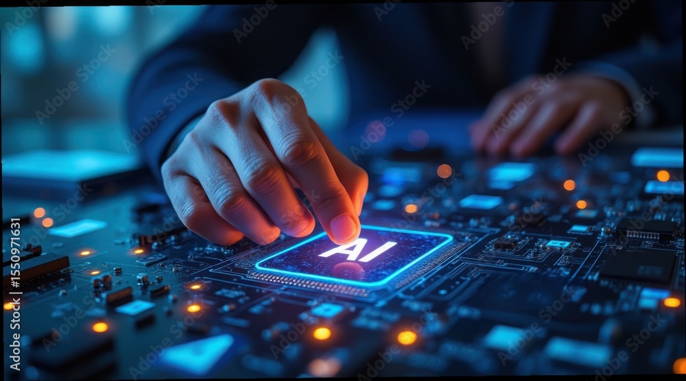 Aufkleber Hands Engaging with AI Technology on a Circuit Board Display