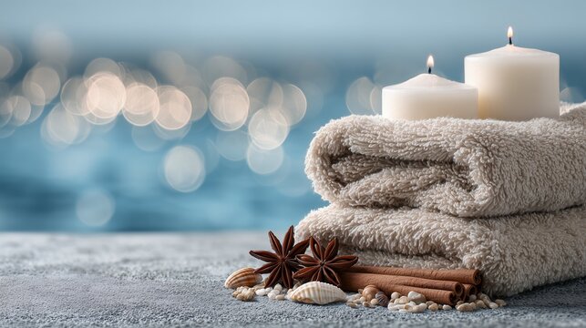 Relaxation and wellness scene featuring stacked soft towels two lit white candles aromatic star anise cinnamon shells and pebbles creating a tranquil spa atmosphere with a blurred bokeh light - Powered by Adobe