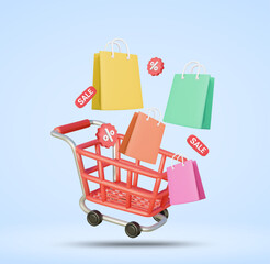 3D vector illustration rendering of shopping cart full of colorful shopping bags with SALE sign and discount percentage sign, conveying the concept of promotion and special discount event.