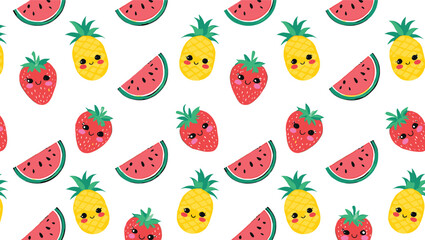 Obraz premium Cute Summer Fruits Pattern Watermelon, Pineapple, Strawberry Kawaii Design