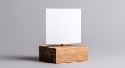 Blank white square card on light brown wooden cube