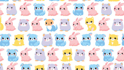 Adorable Kawaii Bunny and Animal Seamless Pattern Pastel Pink, Blue, Yellow Cute Cartoon Characters Illustration
