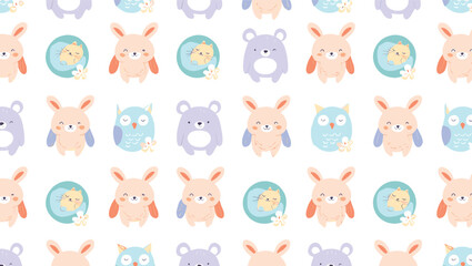 Obraz premium Adorable Kawaii Animal Seamless Pattern Cute Bunny, Bear, Owl Illustration for Kids Fabric, Wallpaper, and Design Projects