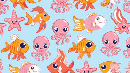 Naklejka premium Adorable Ocean Creatures Seamless Pattern Cute Cartoon Fish, Octopus, and Starfish Illustration