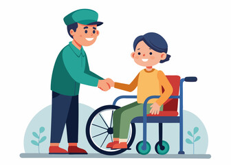 Veteran in wheelchair shakes hands with child, showcasing a heartfelt connection, emphasizing emotional bond and mutual respect in a warm, inviting atmosphere