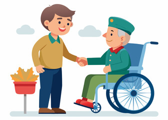 Veteran in wheelchair shaking hands with child, showcasing emotional connection, warm colors, and inviting atmosphere, symbolizing friendship and respect for service
