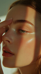A close-up photo-realistic photo of an attractive european woman face and hand applying cream on the cheek, with closed eyes, against a white background. Soft lighting highlights the facial features 