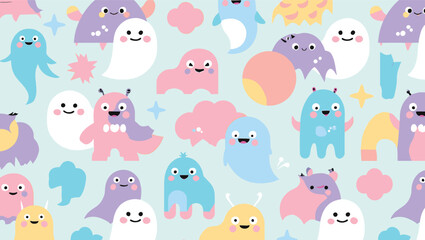 Adorable Pastel Ghost and Monster Seamless Pattern Cute Cartoon Characters for Kids, Fabric, and Digital Designs