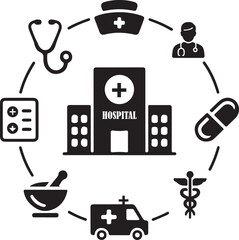 Healthcare and Hospital Icon Set – Medical Elements Including Doctor, Ambulance, Pill, Stethoscope, Nurse, Prescription, and Pharmacy Symbols for Infographics, Apps, and Designs