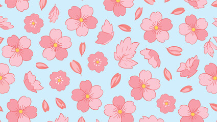Pretty Pink Cherry Blossom Flower Seamless Pattern Design - Pastel Floral Background Illustration