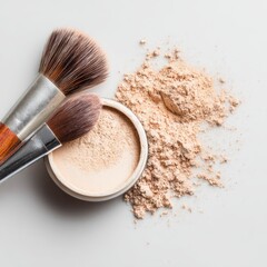 Light beige face powder in a container, with two makeup brushes