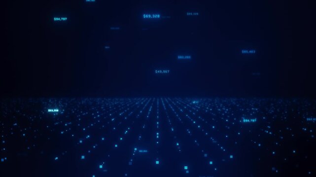 Abstract digital technology Background with flowing digital lines, network data wave, chart and graph visualization, cyber particle stream, financial number code, and futuristic virtual AI system