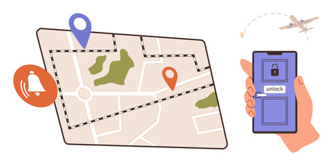 Digital map with markers, alert notification, smartphone showing unlock screen, and airplane in flight. Ideal for travel, geolocation, navigation, security, notifications technology