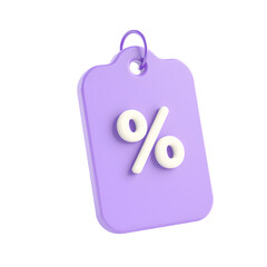 A 3d render of a purple tag with a white percentage symbol indicating a discount or sale event