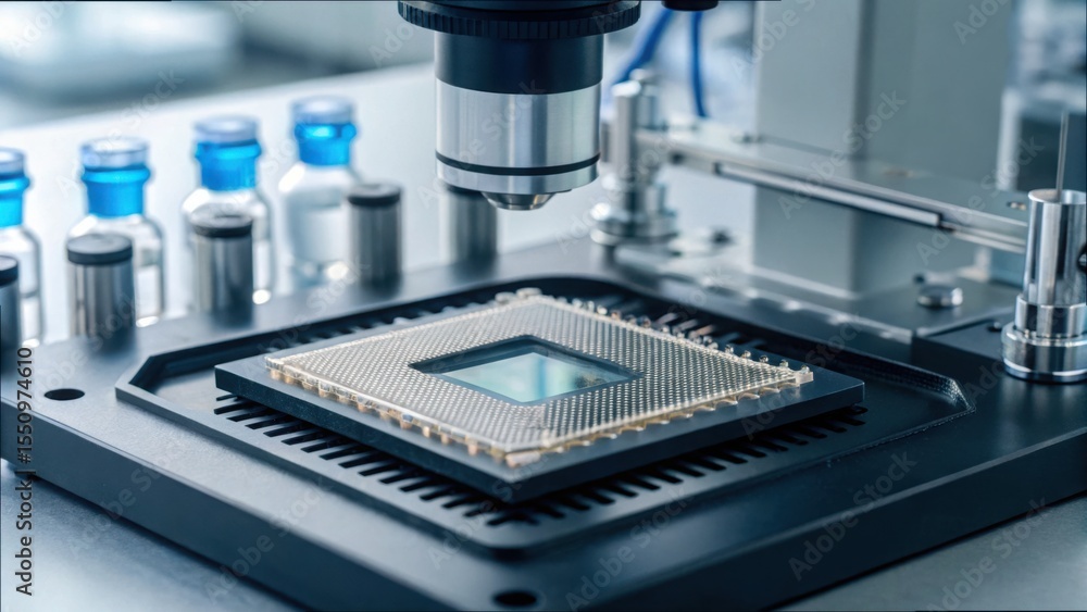 Poster high-tech genome chip under microscope in advanced lab setup