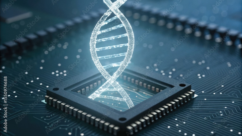 Poster transparent dna helix projected above circuit board background