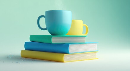 Naklejka premium Teal & yellow cups on books, pastel colors