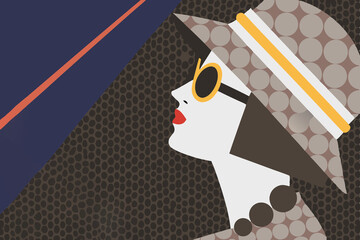Plakat A stylish woman in a polka dot hat and large sunglasses looking upwards, with an abstract background. 