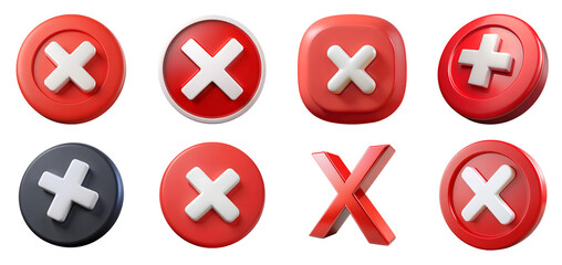 3D cross icon set illustration png collection error deny reject cancel red cross x icon