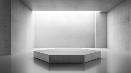 Fototapeta premium Minimalist concrete room with geometric platform and natural light creating a serene ambiance.