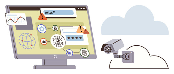 Computer monitor with warning signs, security icons, and surveillance camera emphasizes online threats, hacking, and personal data protection. Ideal for privacy, internet security, data breach