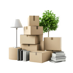 Time to Move Packed Cardboard Boxes, Plants, and Rolled Rugs Ready for Relocation