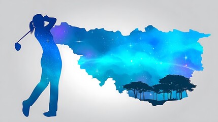 Silhouette golfer in a cosmic landscape