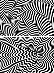 Optical illusion spiral with black and white stripes. Twisting Whirl Motion. Modern liquify lines effect background.