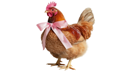 Beautiful show chicken with ribbon on neck Transparent background, PNG