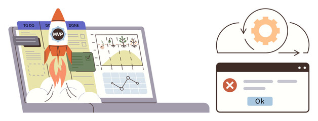 Rocket launching from a laptop screen showing task boards and analytics charts. Adjacent cloud sync icon and error window. Ideal for startup, workflow, analytics, innovation, tech processes