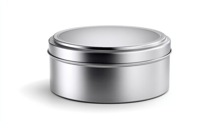 Round metal tin container with closed lid, suitable for storage or packaging purposes. Isolated on white background.