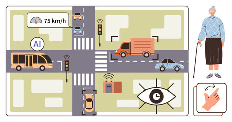 AI-managed intersection with vehicles, signals, sensors, pedestrian, and traffic monitoring. Ideal for smart city planning, road safety, AI technology, IoT automation urban mobility and future