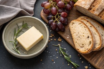 Sliced bread with grapes, butter, and rosemary on rustic cutting board

