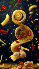 Please generate a photo with a single spiral-like rolled noodle, floating and flying on explosion-like limbo with chili peppers, lemon slices, lemon zest, chunks of tuna in between