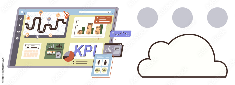 Poster data analytics dashboard displaying charts, kpi metrics, and process tracking connected to cloud. id