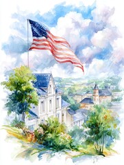 Naklejka premium American flag proudly waves above a charming white house on a sunny day, celebrating national pride and heritage