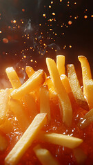 delicious french fries rising from a hot fryer, cinematic, professional food, ultra realistic

