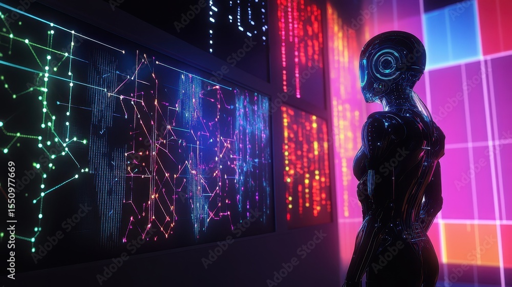 Poster futuristic humanoid robot analyzing data in cyber environment