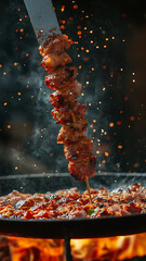 delicious kebab rising from a hot frying pan, and being cut with a sharp knife, with a background of grill fire, cinematic, professional food, ultra realistic

