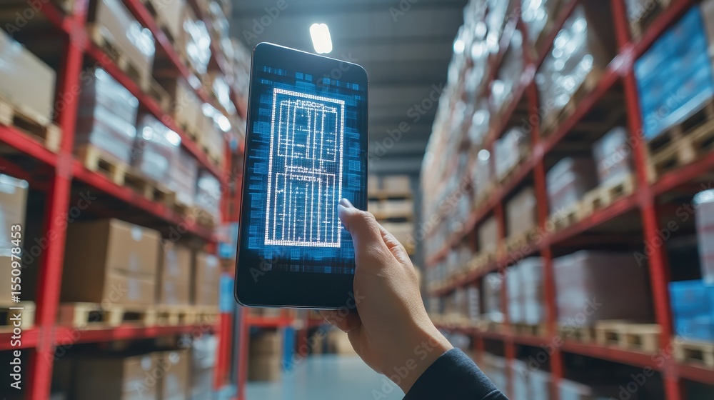 Poster worker scanning barcodes with mobile device in warehouse environment
