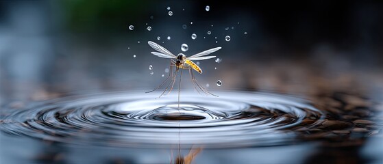 mosquito water close-up concept. A delicate insect hovers above rippling water, surrounded by glistening droplets.
