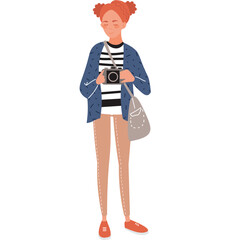 teenager girl traveler blogger taking photo on camera vector icon isolated on white