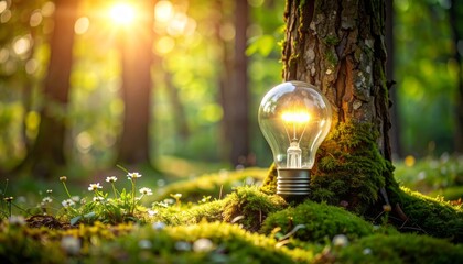 Una bombilla brilla sobre hojas verdes en el bosque, marcando la presencia de inteligencia energética en medio de entornos naturales