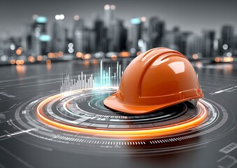 Safety helmet on a digital display, urban background