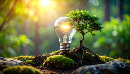 Un bonsái junto a una bombilla iluminada sobre un tronco, expresando cómo las ideas verdes pueden echar raíces en entornos conscientes