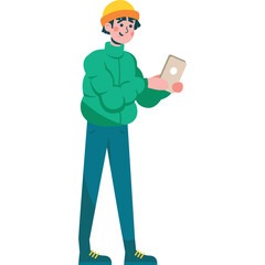 man in autumn clothes with mobile tablet vector icon isolated on white
