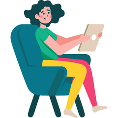 woman using mobile tablet while relaxing in armchair vector icon isolated on white