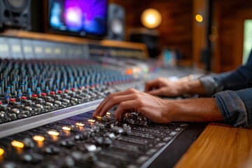 A person adjusts a large mixing console in a studio setting likely manipulating audio levels