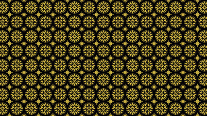 Gold floral pattern on black background with star shapes in between the floral circles design