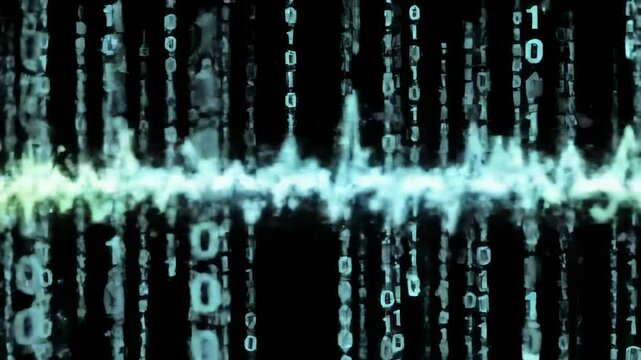 Colorful digital waveform background featuring binary code